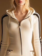 Stylish Athletic Hooded Zip-up White Knitted Mini Dress