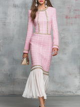 Elegant Round Neck Gold Trim Tweed Midi Dress