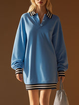 Stylish And Casual Black And White Ribbed Collar Blue Sweatshirt-style Mini Dress.