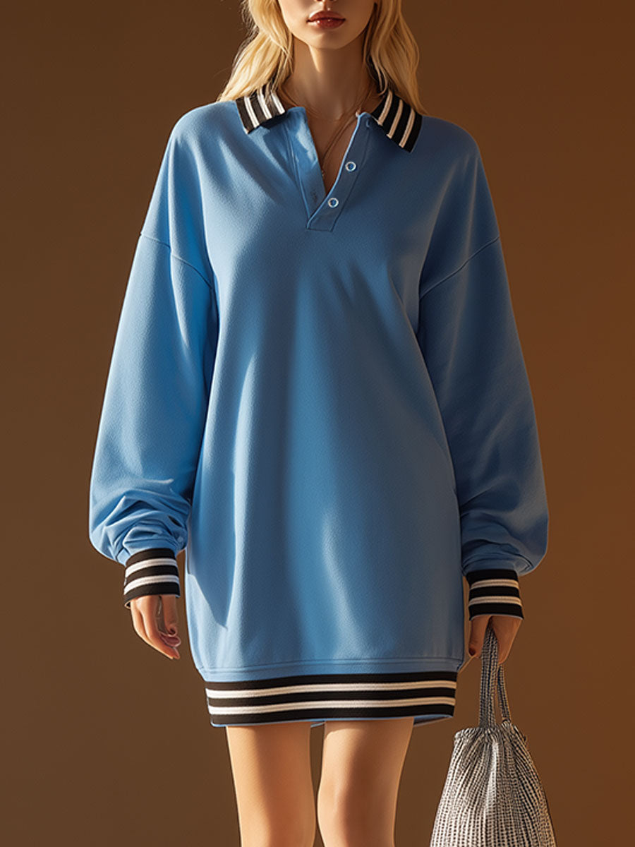 Stylish And Casual Black And White Ribbed Collar Blue Sweatshirt-style Mini Dress.
