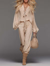 Elegant Flowing Versatile Tie-front V-neck Flared Sleeves Beige Chiffon Blouse And Pants Set