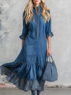 Casual And Stylish Checkered Ruffle Blue Denim Midi Dress