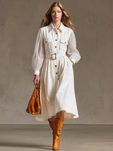 Western-style Vintage Long-sleeved White Cotton A-line Midi Dress