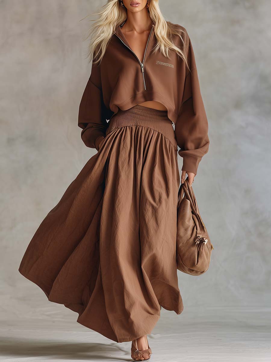 Elegant Retro Sporty Lapel Front Zipper Brown Cotton Sweatshirt And A-line Long Skirt Set