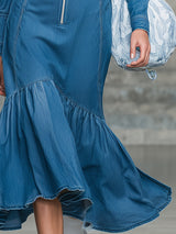 Stylish Blue Denim Zip-up Midi Dress With Ruffle Details.