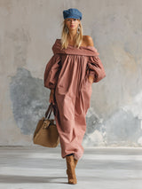 Artistic Silhouette Off-the-shoulder Dusty Pink Maxi Dress
