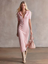 Elegant Retro Sporty Hooded V-neck Front-button Short-sleeved Light Pink Terry Cloth Midi Dress