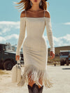 Western Retro Beige Faux Suede Long-Sleeved Off-Shoulder Tassel Midi Dress
