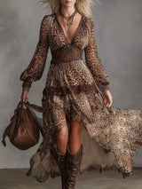 Elegant And Wild Leopard Print Lace-trimmed Maxi Dress