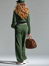 Retro Casual Green Sports Half-zip Knitted Sweater And Pants Set