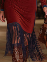 Western-style Red Faux Suede Dress With Blue Fringed Skirt And Midi Dress