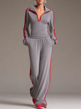 Casual Sporty Retro Red Ribbon Half-Zip Sweatshirt And Wide-Leg Pants Set