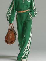 Fashion Casual White Decorative Green Half-zip Top Wide-leg Pants Knitted Set