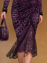 Stylish And Elegant Lace Purple Leopard Print Square-neck Midi Dress