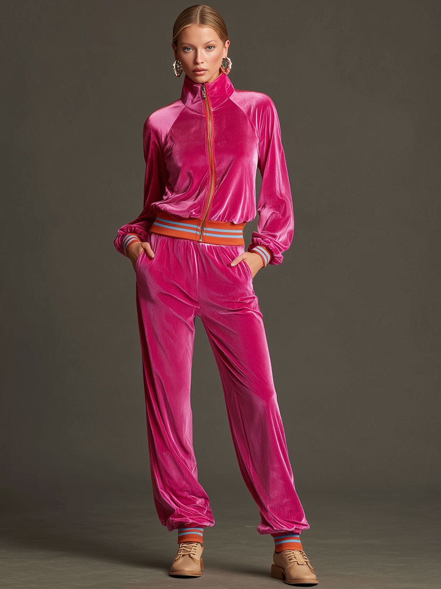 Sporty Retro Rose Red Velvet Long-Sleeve Zip-Up Sweatshirt And Sweatpants Set