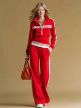 Retro-style Fashionable Zip-up Stand-collar Top And Pants Set