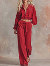 Elegant Retro Sporty Lapel Front Zipper Lace Trim Red Washed Cotton Sweatshirt And Pants Set