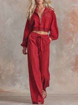 Elegant Retro Sporty Lapel Front Zipper Lace Trim Red Washed Cotton Sweatshirt And Pants Set