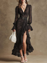 Elegant Retro Long-sleeved V-neck Slit Ruffled Black Lace Maxi Dress