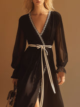 Vintage Lace-Trimmed Black Chiffon V-Neck Midi Dress