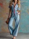 Retro Fashion Casual Lapel Front Zipper Red Trim Short-sleeved Light Blue Denim Jumpsuit