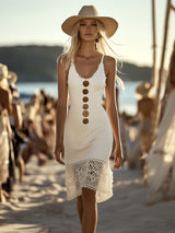 【24-hour shipping out】Classic Elegant Spaghetti Strap White Cotton Midi Dress