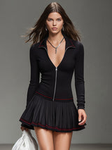 Contrast Hem Long Zip-up Top And Pleated Skirt Sports Suit