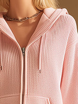 Casual Sporty Pink Hooded Zip-up Waffle-knit Top And Skirt Set