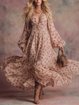 Elegant Flowing Retro V-neck Front-button Pink Polka Dot Print Apricot Chiffon Maxi Dress