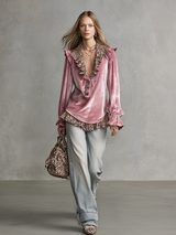 Retro V-neck Leopard Print Ruffled Hem Velvet Shirt
