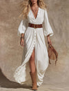Vintage Western V-Neck Lantern Sleeve White Denim Maxi Dress