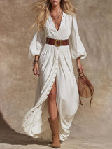 Vintage Western V-Neck Lantern Sleeve White Denim Maxi Dress