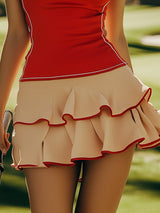 【24-hour shipping out】Romantic Ruffle Panel Sleeveless Red Golf Mini Dress