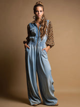 Western Retro Long-Sleeved Chiffon Leopard Print Light Blue Denim Wide-Leg Jumpsuit
