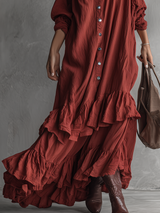 Vintage Western-style Ruffled Red Shirt Maxi Dress