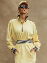 Sporty Retro Striped Ribbed Light Yellow Half-zip Long-sleeved Midi Dress