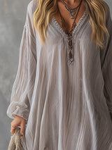 V-Neck Light Gray Pleated Chiffon Maxi Dress