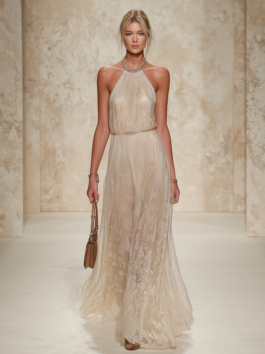 Halter-Neck Lace Maxi Dress