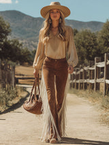Retro Western Style White Fringed Brown Faux Suede Pants