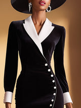 Stylish And Elegant White-collared Black Velvet Midi Dress