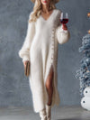 Faux Fur Knit V-Neck Midi Dress
