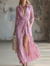 Pink Checkered Wrap Maxi Dress