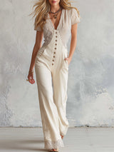 Stylish Urban Off-white Striped Patchwork Cotton Short-sleeved Jumpsuit