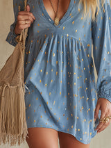 Stylish Retro-style Gold Foil Printing Light Blue Mini Dress