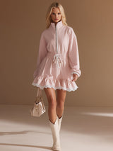 Sporty Retro-style White Lace And Pink Long-sleeved Mini Dress