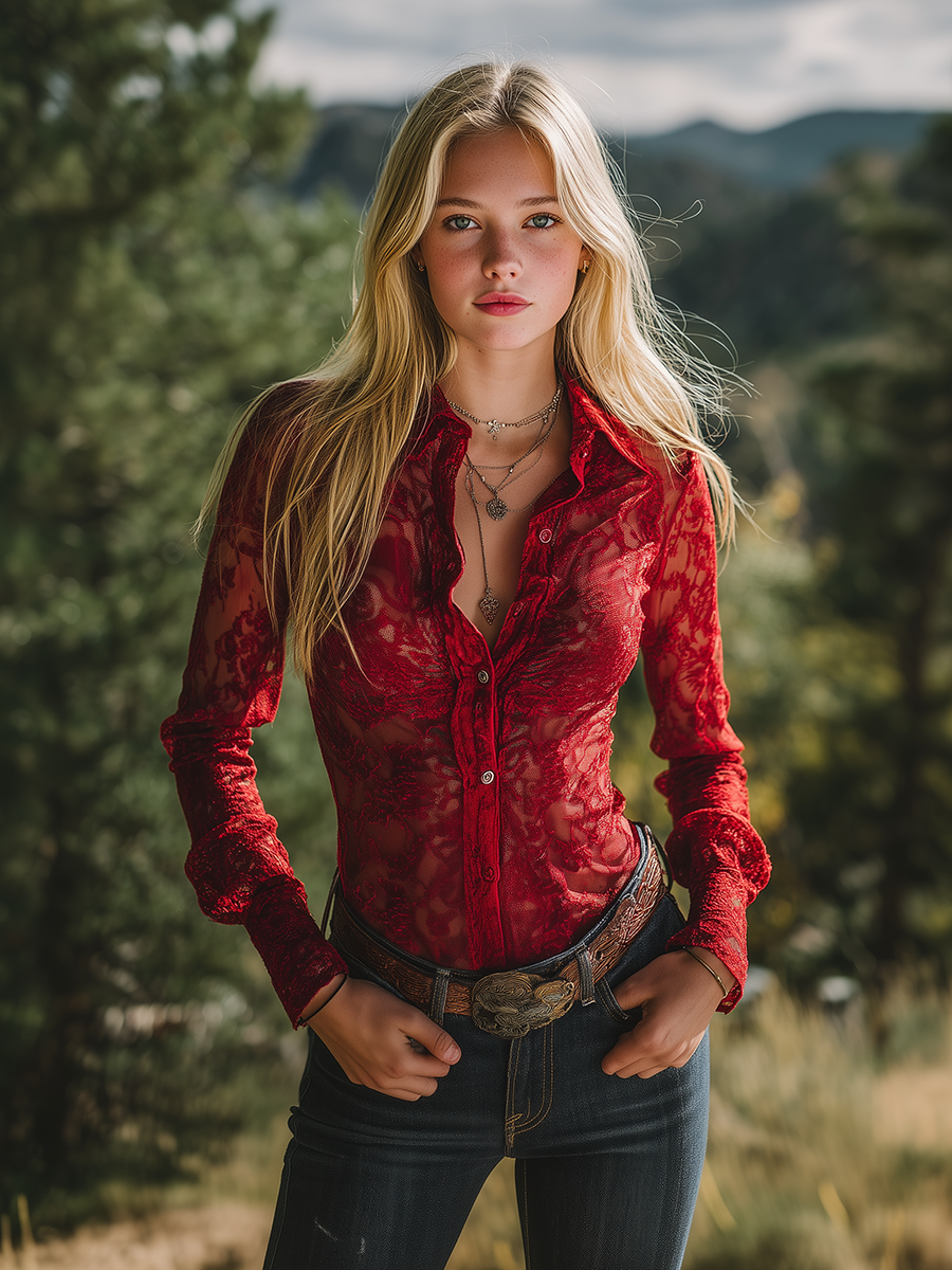 Vintage Western-style Lapel Long-sleeved Lace Shirt