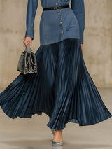 Retro-style Lapel Button-down Denim And Satin Patchwork Long-sleeved Maxi Dress