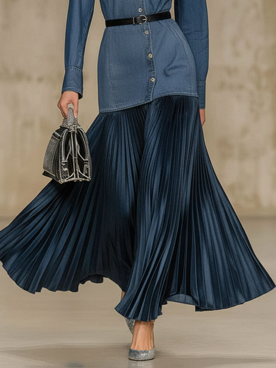 Retro-style Lapel Button-down Denim And Satin Patchwork Long-sleeved Maxi Dress