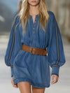 Henry Collar Button-down Contrasting Woven Trim Long-sleeved Denim Mini Dress
