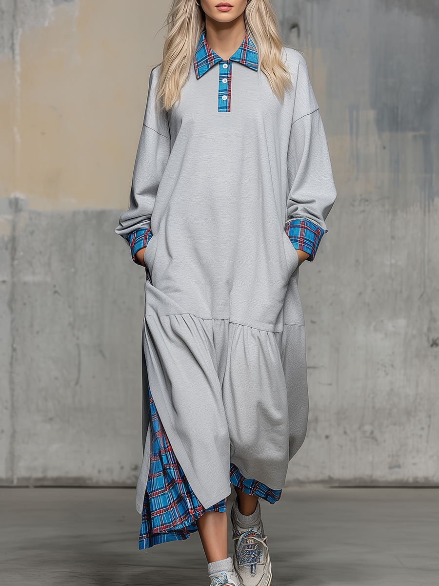 Sporty Retro Plaid Patchwork Ruffle Sweatshirt Dress